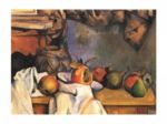 Wrapped up in straw vase and plate with fruit Paul  Cezanne