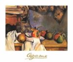 Wrapped up in straw vase and plate with fruit Paul  Cezanne